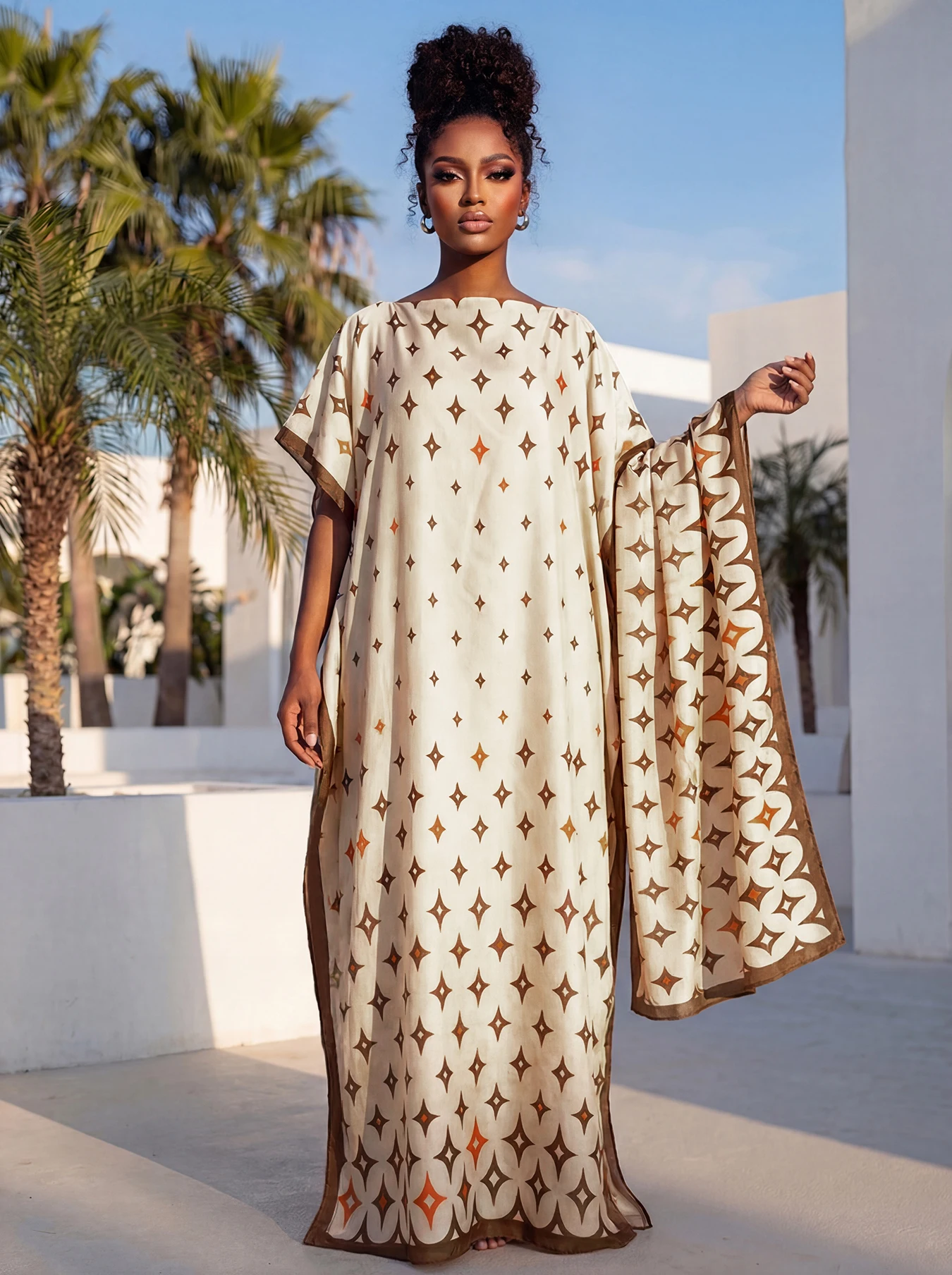 New Style Long Loose Silk Blend Beach Cover up Dress Middle East Pattern Printed Elegant Long Robe Dress for Women