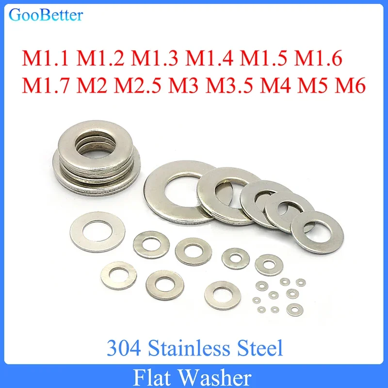 

100Pcs Flat Washer M1.1 M1.2 M1.3 M1.4 M1.5 M1.6 M1.7 M2 M2.5 M3 M3.5 M4 M5 M6 304 Stainless Steel Metal Gasket Plain Washers