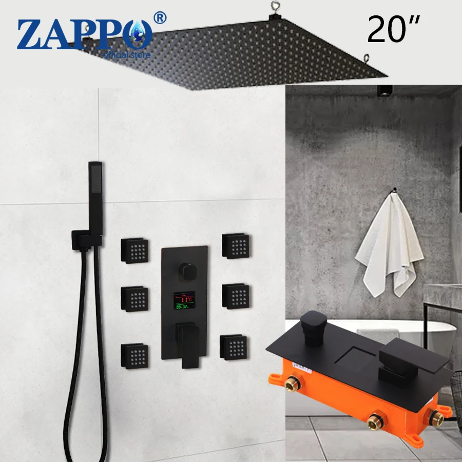 ZAPPO Matte Black 20 Inch Bath Shower Message Jets Thermostatic Temperature Display Rainfall Bathroom Kit Hand Shower Faucet Set