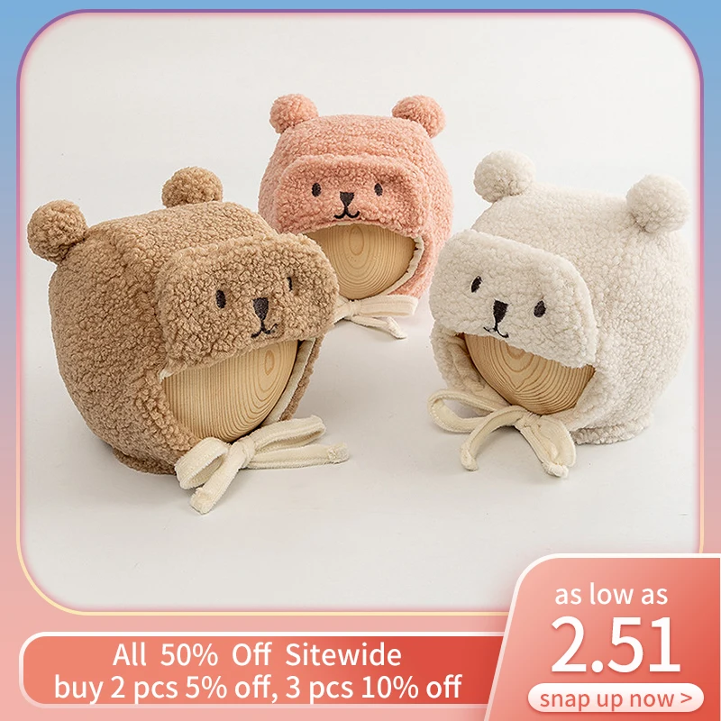 Lamb Fleece Kids Ear Protection Hat Cartoon Bear Baby Hooded Beanies 6-24Month Infant Plush Cap Winter Warm Toddler Earmuffs Cap