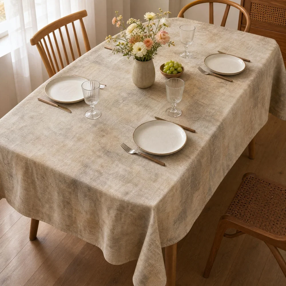 Light Khaki Vintage Plaid Texture Rectangle Tablecloth Minimalist Neutral Decorative Table Cover for Dining Kitchen Home Decor