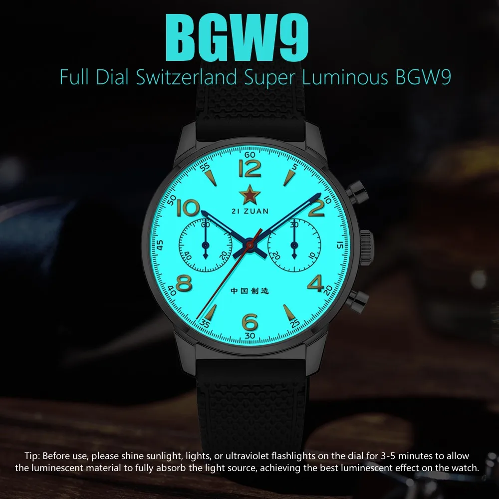 TOPHILL 40mm 1963 Men\'s Watch Mechanical Chronograph Seagull ST1901 Movement Pilots Super LumiNous BGW9 Leather Strap Wristwatch