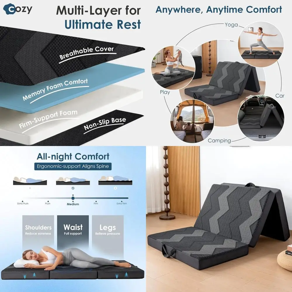 

Portable 4-Inch Memory Foam Mattress for Camping, Travel, and Yoga with Non-Slip Base and Washable Cover