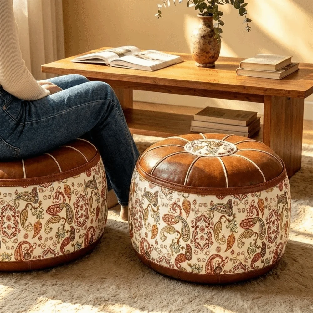 PU Leather Seat Cushion Cover Unstuffed Large Capacity Sofa Stool Cover Vintage Space-Saving Round Footstool Cover Leisure