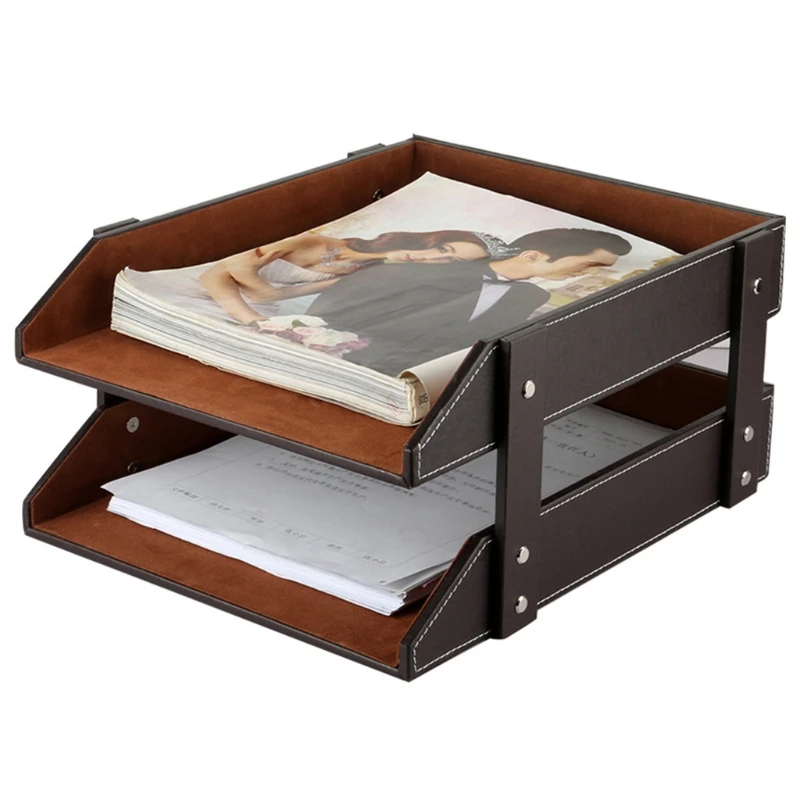 Document File Tray Double Layers Desk PU Leather Paper Holder Rack