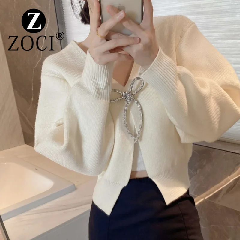 [ZOCI] Crystal Bow V-neck Long Sleeved Wool Knitted Cardigan 2024 Early Short Jacket Sweater Top Open