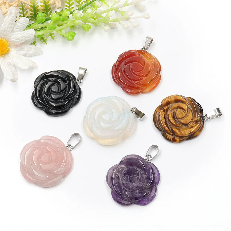 5pcs Natural Amethyst Rose Carving 28mm Pendant Charm Jewelry Making Healing Crystal Energy Chakra Balancing Reiki Romance Gift