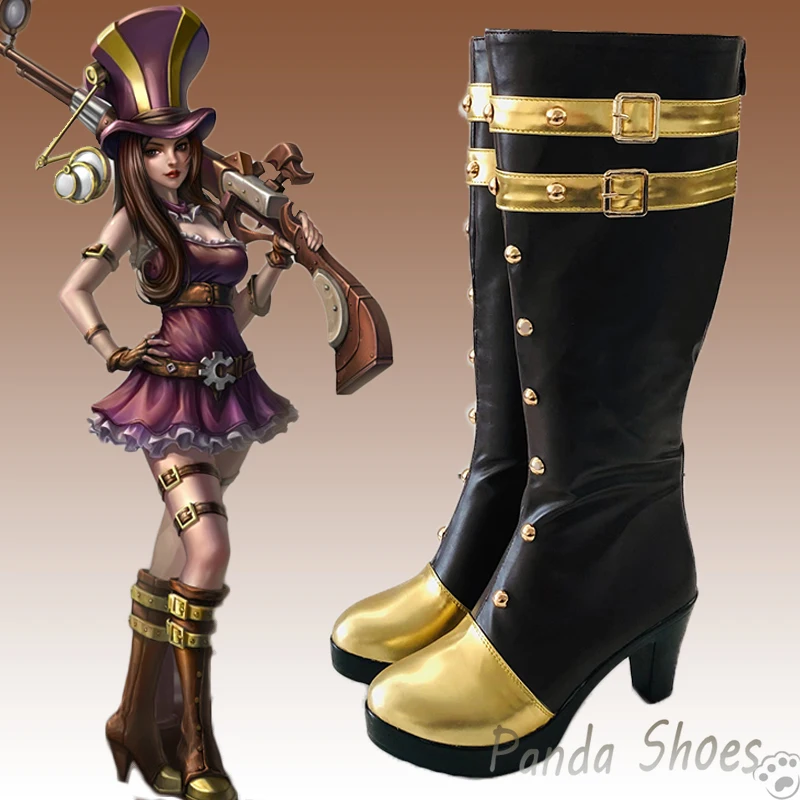 LOL Caitlyn Kirraman Cosplay Shoes Anime Game League of Legends Long Black Boots Cosplay Costume Prop Shoes for Halloween Party