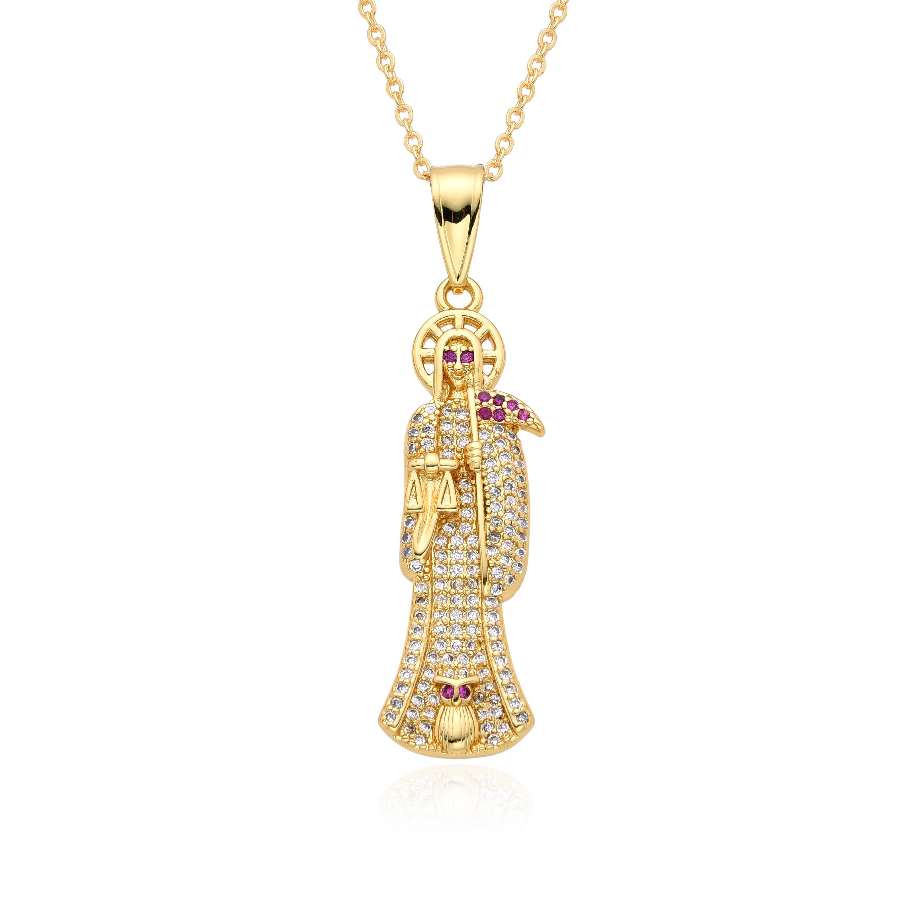 Gold Color Santa Muerte San Judas Charms Cubic Zirconia Death Grim Reaper St. Jude Necklace CZ Choker Chain Pendant DIY Jewelry