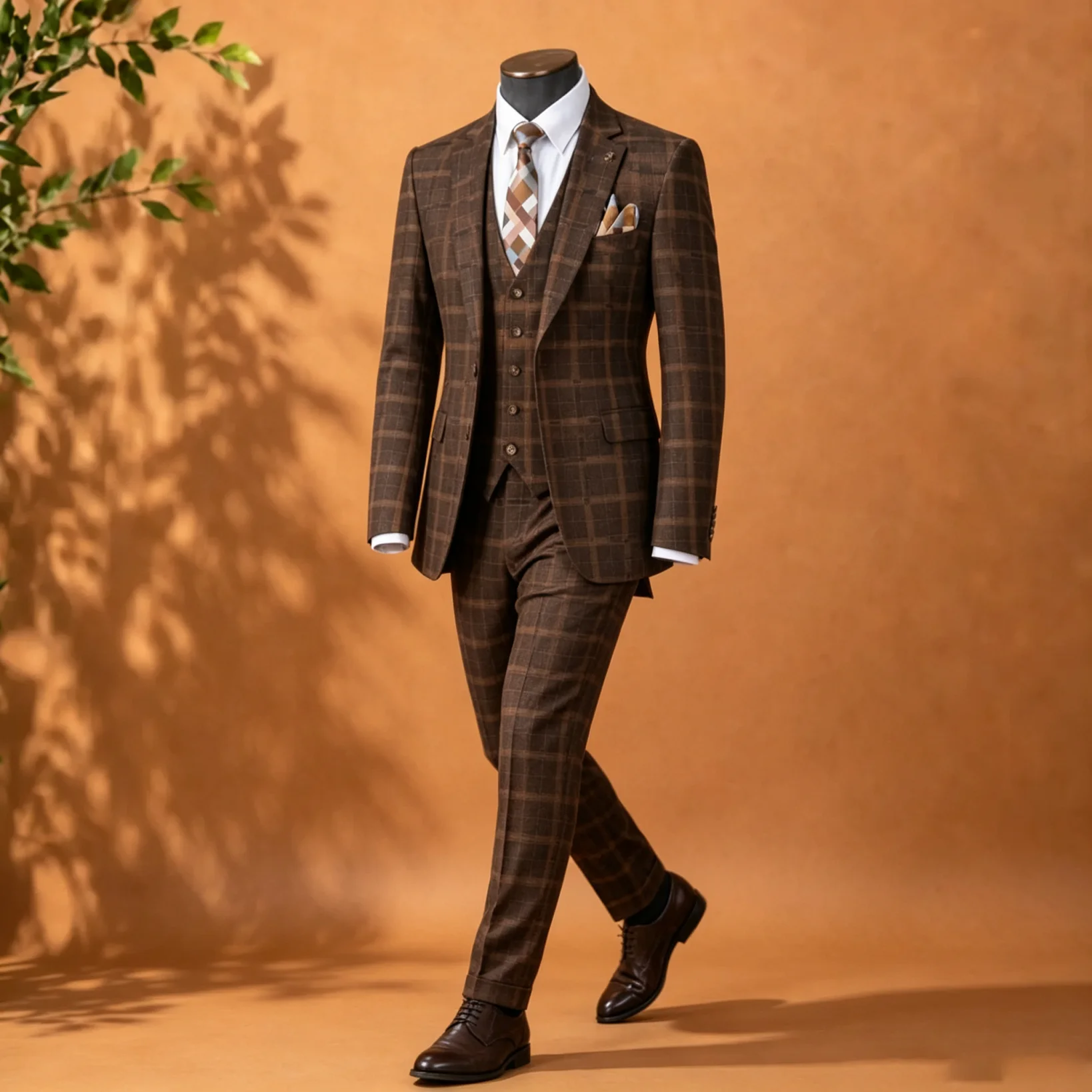 エレガントなブラウンのプレイド柄メンズ3ピーススーツ（ジャケ - Men Formal Wear Brown のレビューと価格