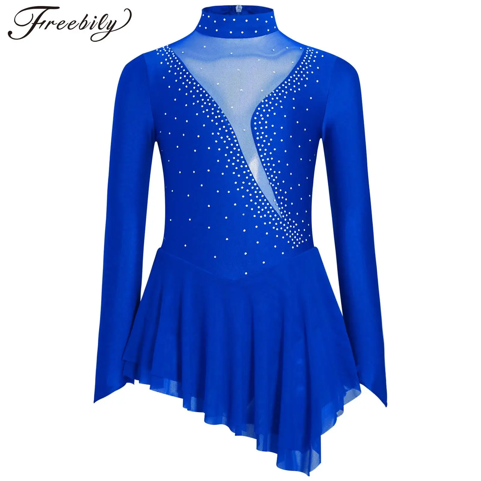 Kids Girls Ballet Figure Skating Leotard Dance Dress Sheer Mesh Rhinestone Irregular Dancewear Gymnastics Performance Costume