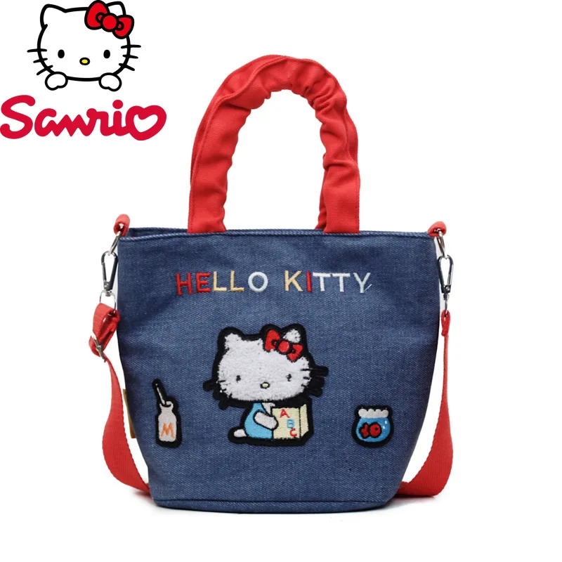 

Sanrio Hello Kitty Embroidered Denim Handbag Casual Retro Shoulder Messenger Bag Portable Daily Commuter Bucket Bags