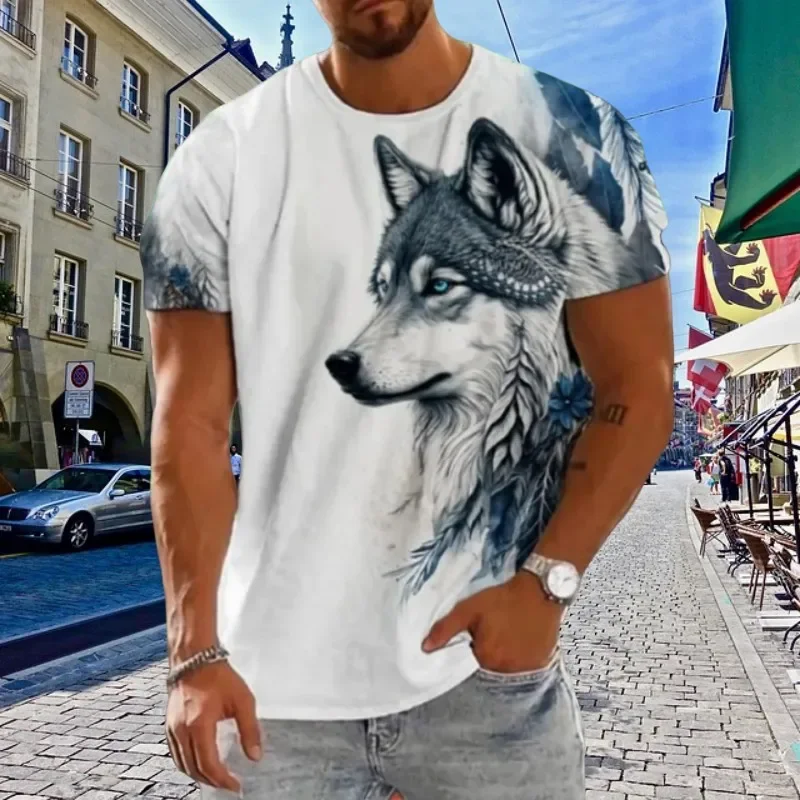 Animal Wolf Totem summer men's high quality T-shirt street trend tough man style o collar loose short sleeve fashion casual top