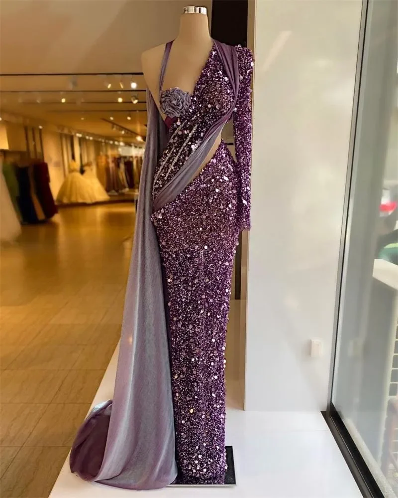 Purple Sequined Mermaid Evening Dresses Beads One Shoulder Long Sleeves Prom Dress With Wrap Formal Party Gowns Robe De Mariée