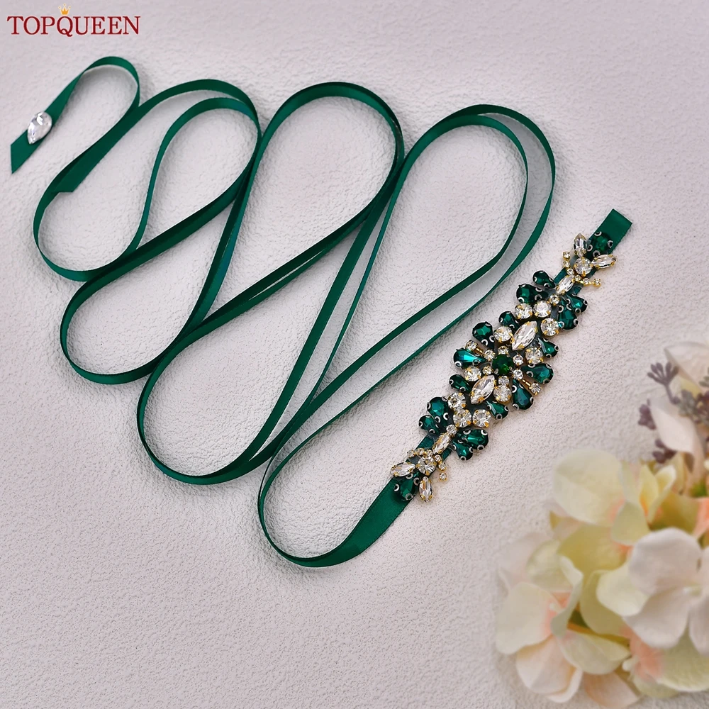 

TOPQUEEN Green Hundred Hand Sewing Diamond Wedding Sash Princess Dress Waist Decoration Tie Belt Corset Bridal Belt S178-KL