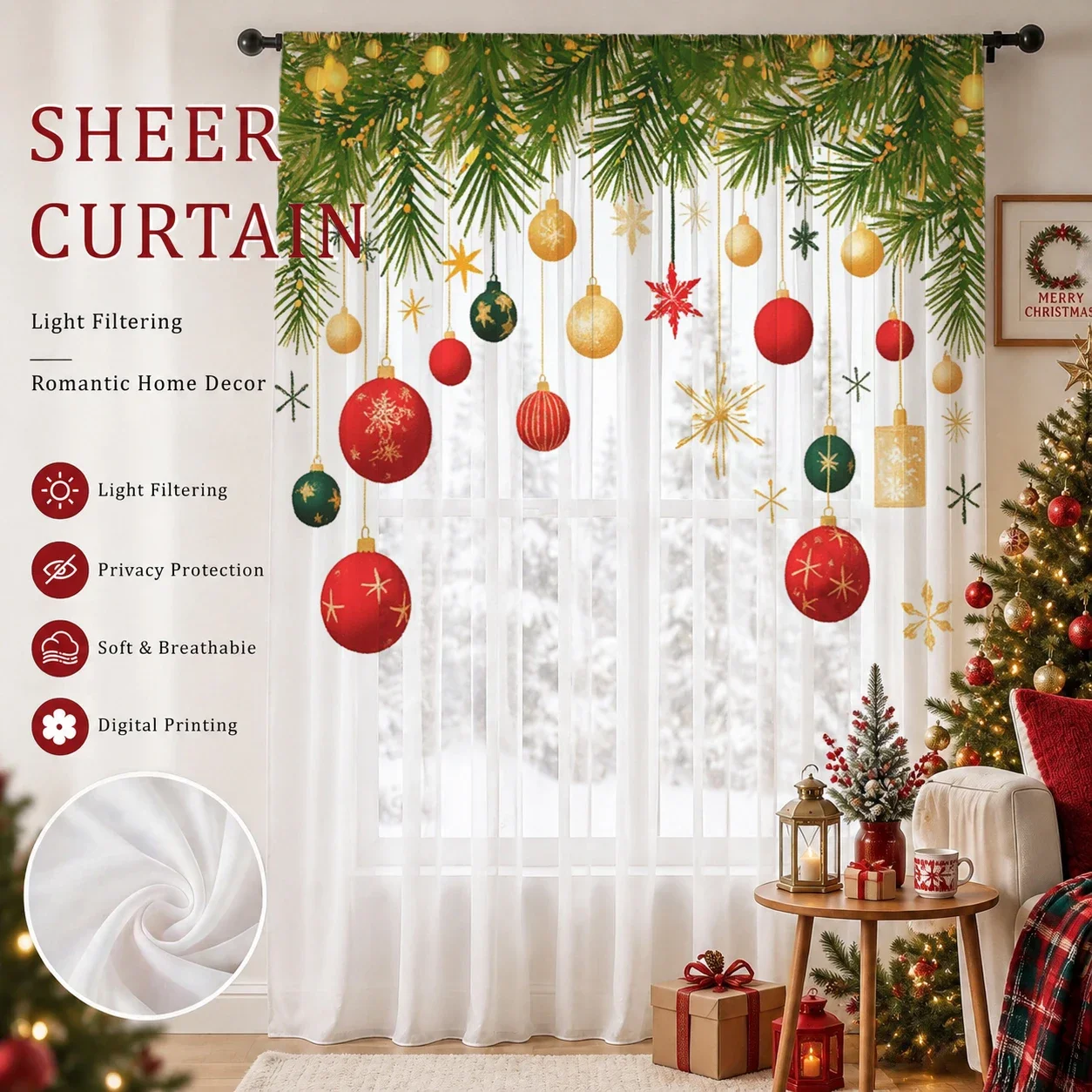 Christmas Gradient Sheer Curtain, Good Quality Light Reducing Privacy Voile for Living/Bedroom/Kids Room,Mother's Day Gift - view 4