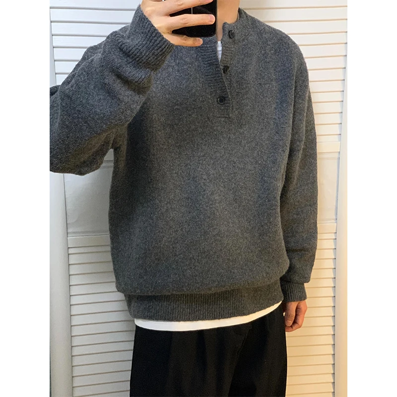 

ay Henry Collar Knitwear Men's Autumn Winter Thiened Faion Lazy Sle Base irt American Retro Knitted Sweater Coat