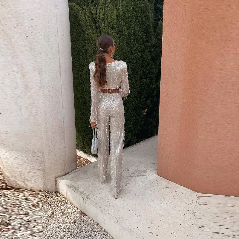 Tassel Sequin Women 2 Piece Set Spring Silver Bright Silk O-neck Crop Tops Wide Leg Pants Female Suit Fashion Street Lady Sets