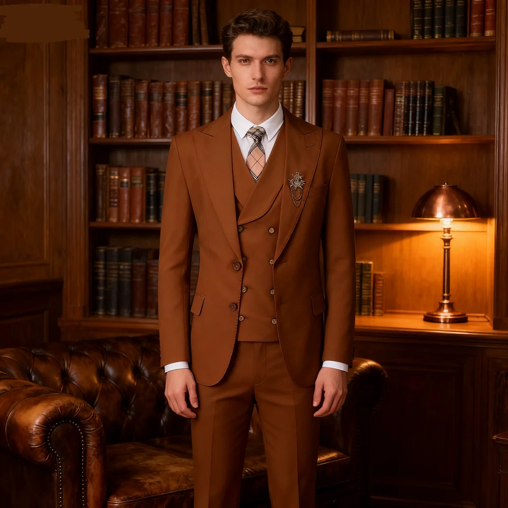 

Customizable Soft Pink Men's Tuxedo Three-Piece Suit with Peak Lapel Unique Chest Pocket Jacket Pants Vest Set Formal Wear