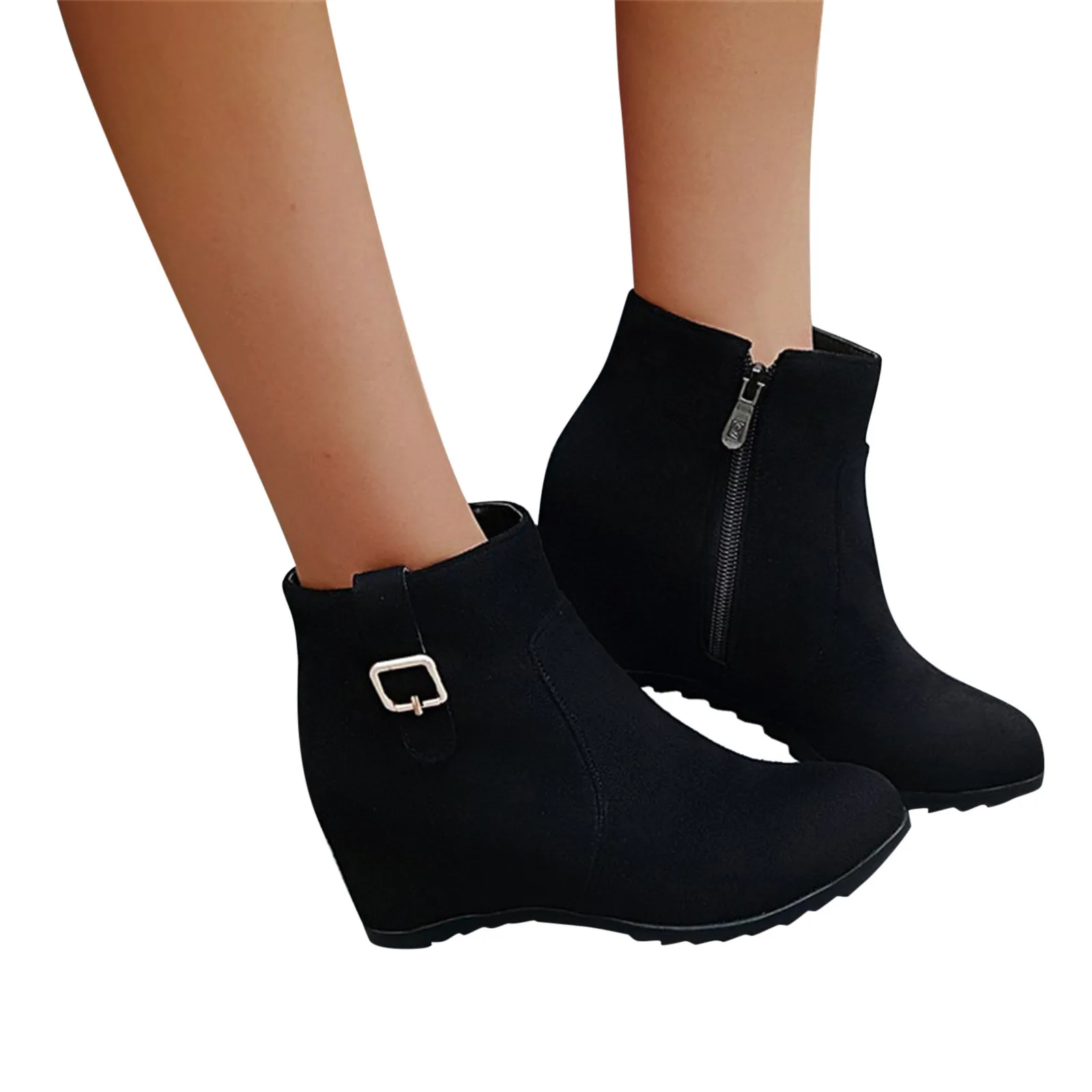 Ladies Fashion Solid Color Belt Buckle Inner Heightening Wedge Heel Side Zipper Boots Compression Socks Running Women Mid Calf