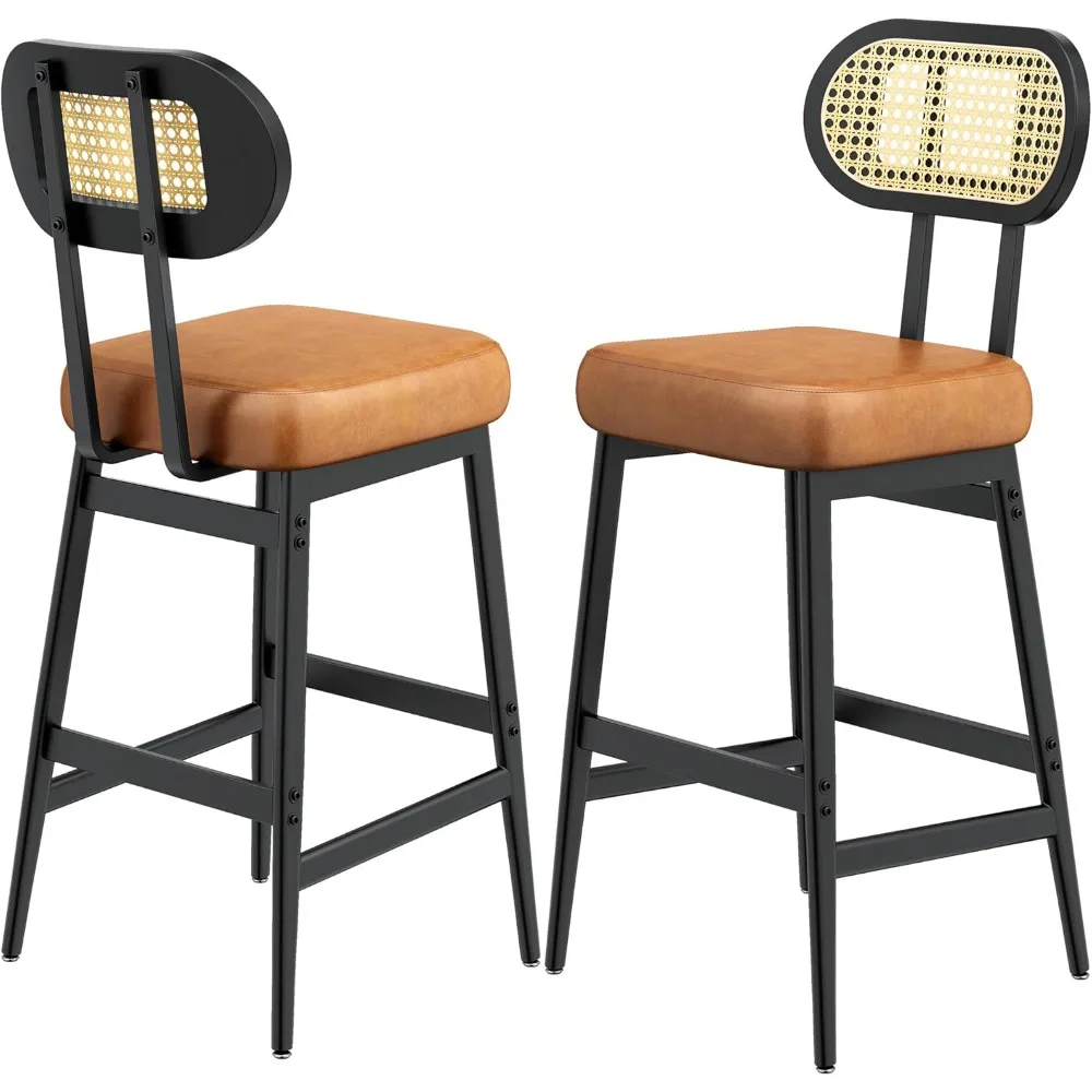 30" Barhocker in Thekenhöhe (2er-Set): Modernes PU-Leder, Rattan-Rückenlehne, breiter Sitz