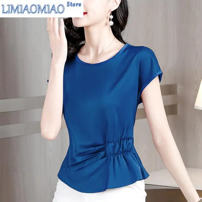 

Summer Fashion Solid Color Pleated T-shirt Women Classic Short Sleeve New Temperament All-match O-collar Lady Temperament Top