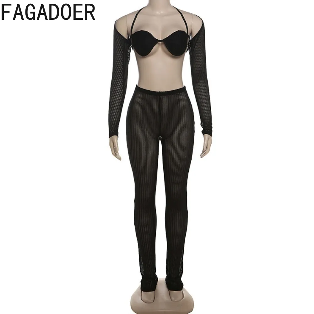 FAGADOER Sexy Solid Knitting Skinny Pants Two Piece Sets Women Low-cut Long Sleeve Crop Top Pants Outfits Female 2pcs Clothing