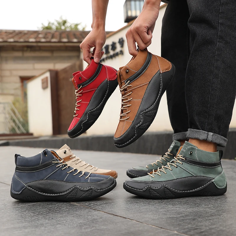 Men Leather Casual Boots Sneakers Hiking Boots Anti Slip Thick Sole Wear Resistant for Outdoor Camping All Day Comfort Footwear