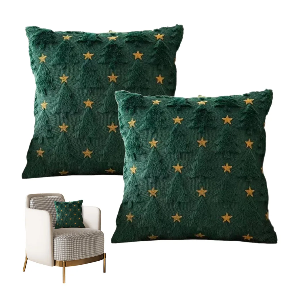 1/2Pack Green Christmas Tree Kid Throw Pillow Cover 45x45cm with Yellow Star Shaped Farmhouse Pillow Covers Faux Fur Pillowcases