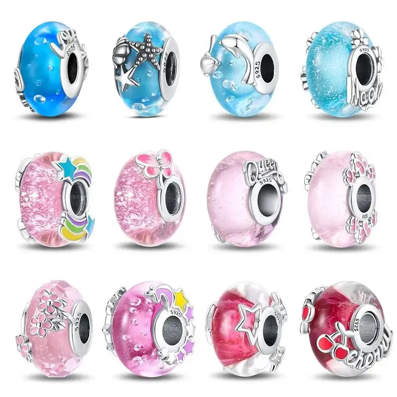 Hapilife New 925 Sterling Silver Colorful Flower Feather Ocean Luminous Glass Charms Beads Fit  Original Bracelets DIY Jewelry