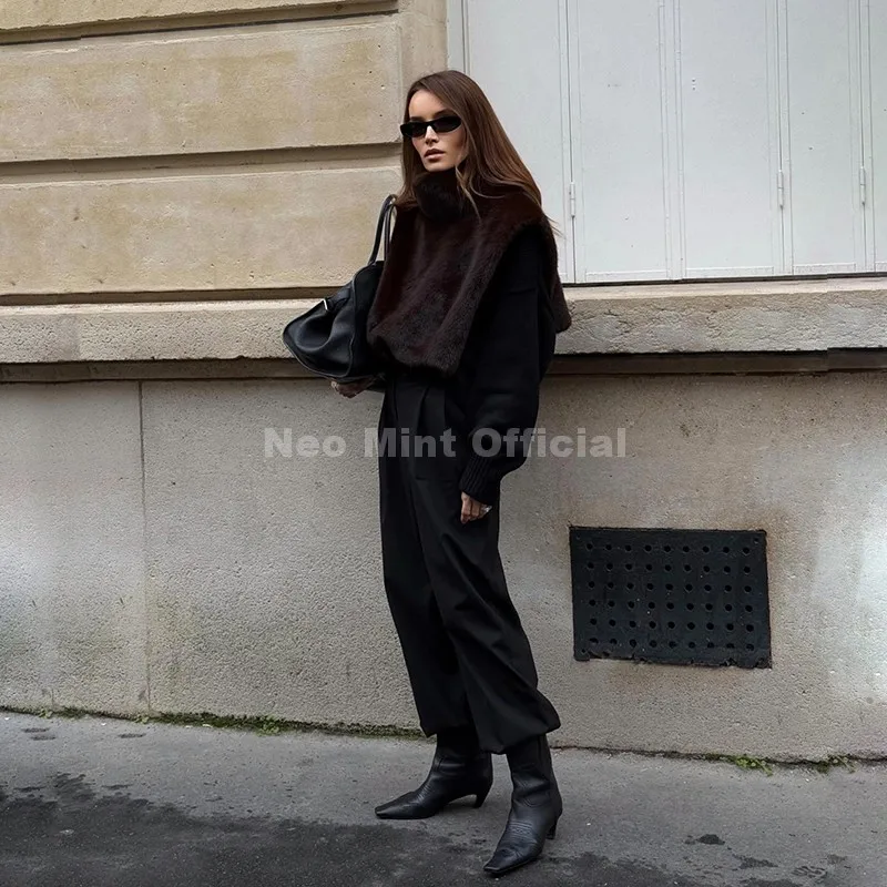 Neo Mint Eco Mink Fur Tank Top Sleeveless Jacket Coat Women 2025 Brand Fashion Faux Fur Sable Vest Crop Autumn Winter Turtleneck