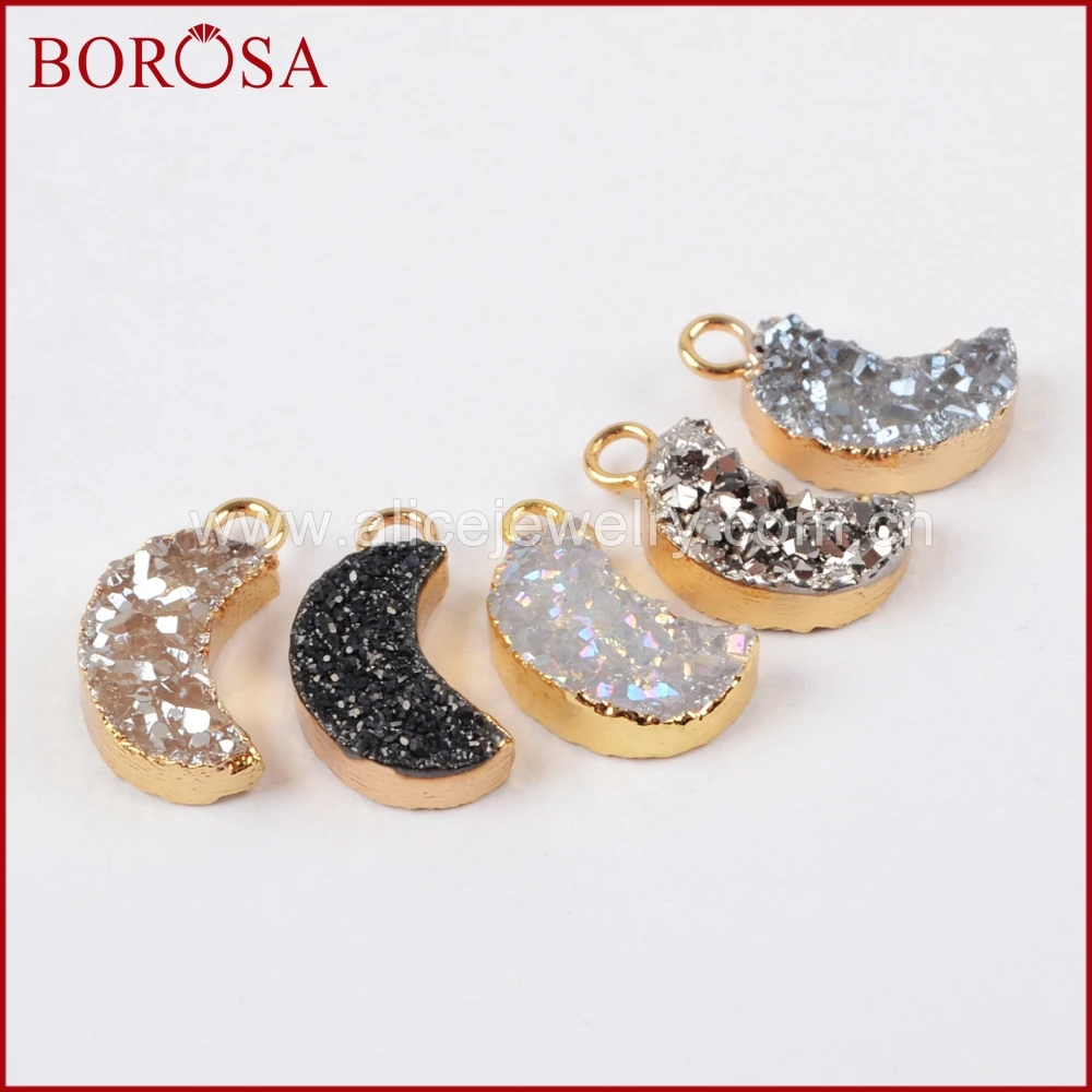 Fashion Moon Shape Rainbow Titanium Natural Agate Druzy Charms Agate Drusy Beads for Necklace/Earrings Jewelry Making