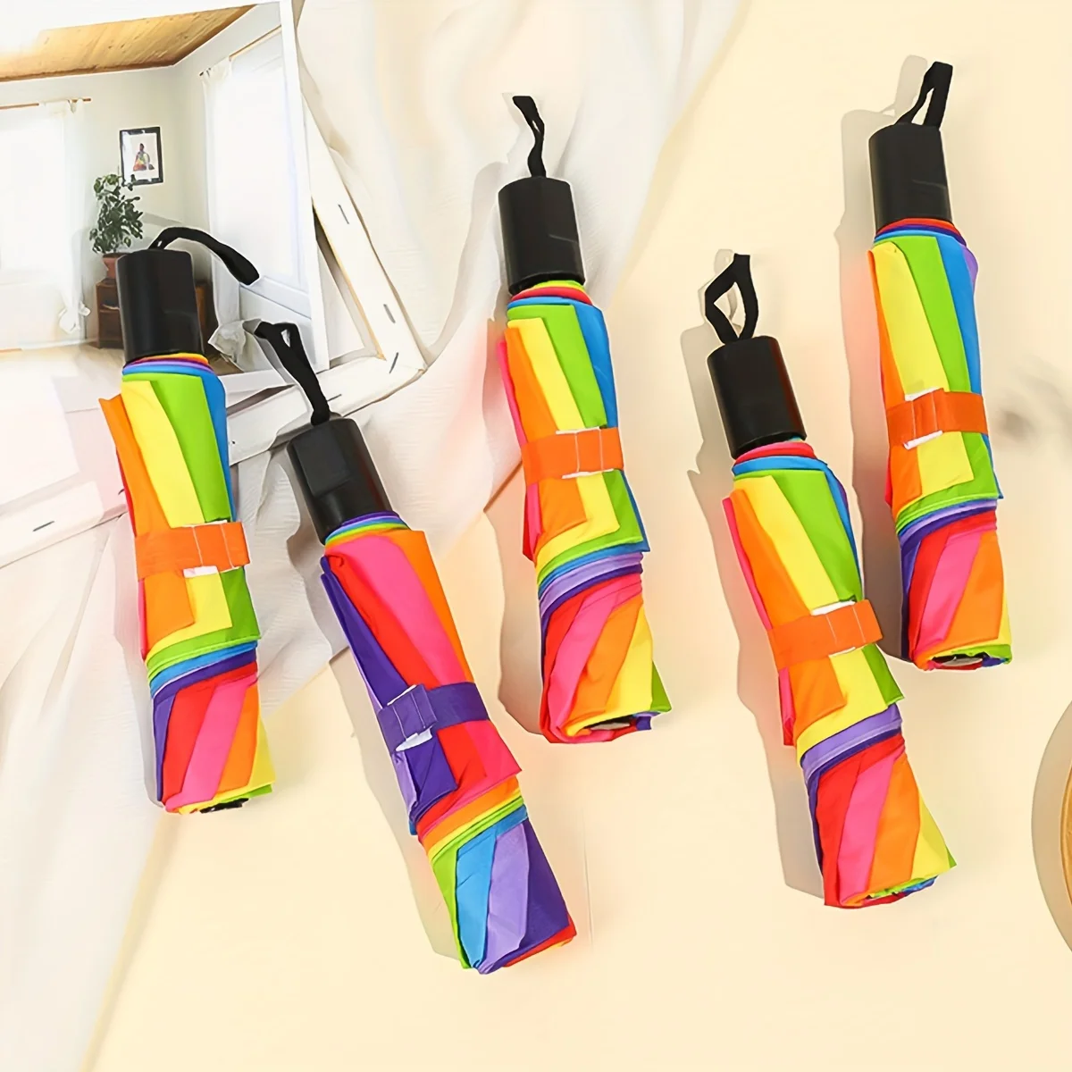 Fashion Rainbow Umbrella Three Fold Umbrella Long Handle Automatic Wind Resistant Folding Straight Umbrella