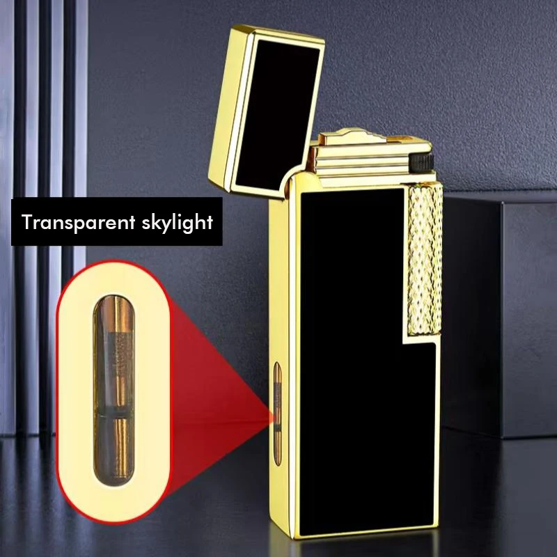 

New narrow version dual flame inflatable lighter classic side pulley open flame switching jet flame fuel tank perspective