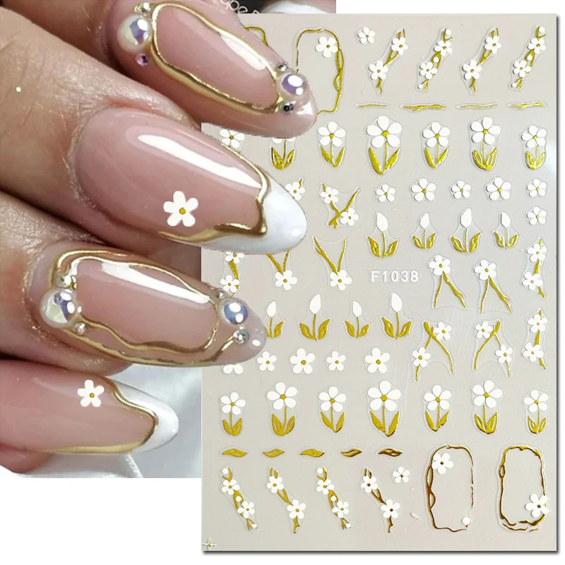 

3d Nail Art Golden Lines Gold Leaves White Flowers Adhesive Sliders Nails Stickers Accessories For Decorations Tips Beauty