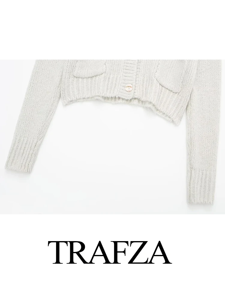 TRAFZA Women's Autumn Winter New Fashion V-Neck Alpaca And Wool Blend Knitted Jacket Female High Street Casual Cardigan Sweater