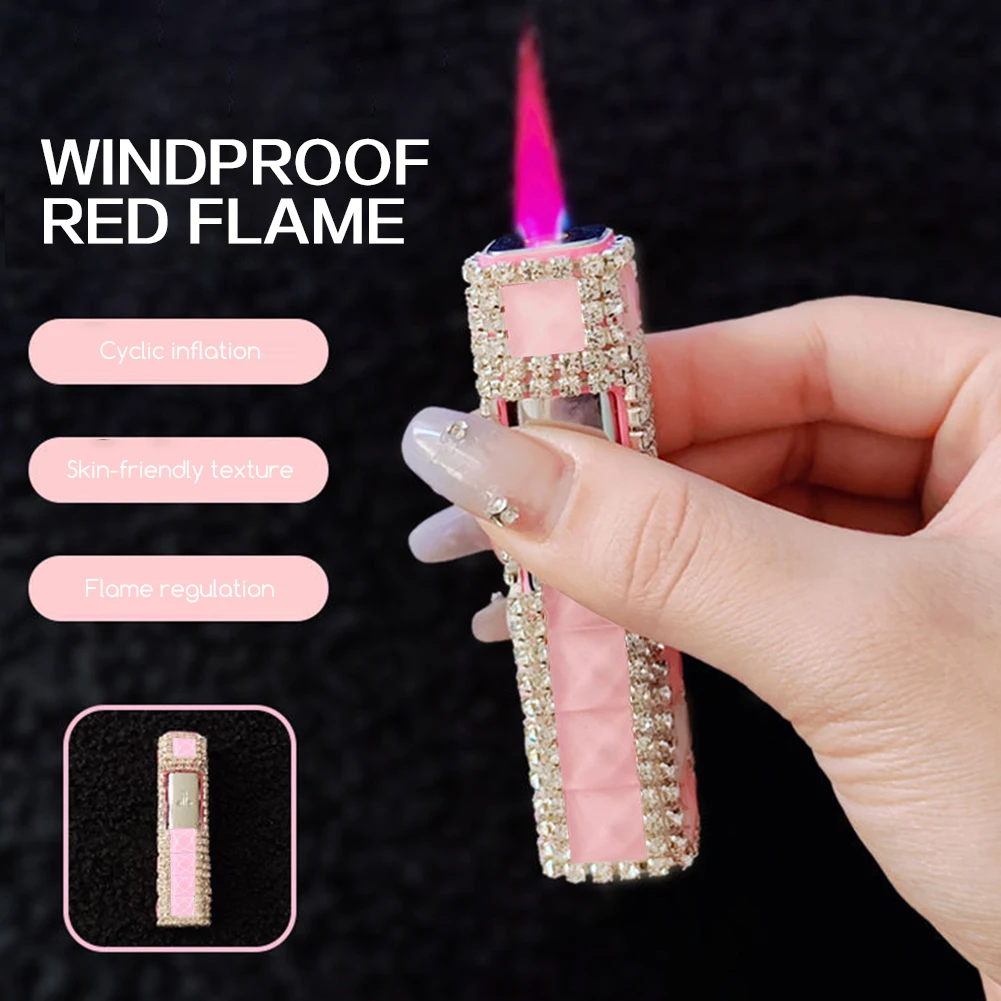 

Metal Torch Lighter Women Rhinestone Inlaid Red Jet-Flame Windproof Lighter Pocket Size for Candles Firework