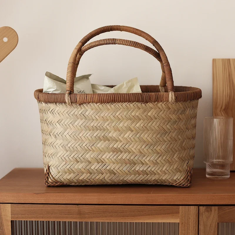 

Handmade Bamboo Basket, Small Storage for Fruit and Vegetables, Kitchen Hand Basket for Shopping, Bamboo Grocery Basket