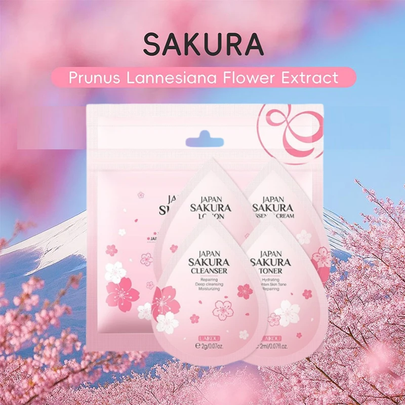 

Набор для ухода за кожей Laikou Travel Size Sakura, осветляющая и увлажняющая формула, 4 предмета, для ежедневного использования женщинами.