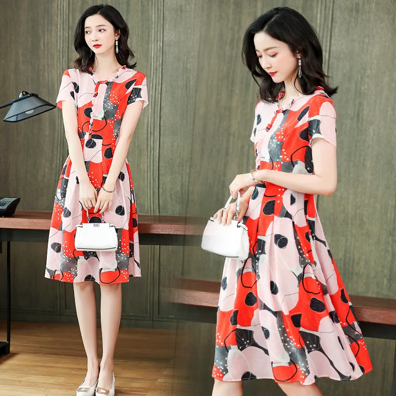 2267 waist trimming printing fashion silk dress