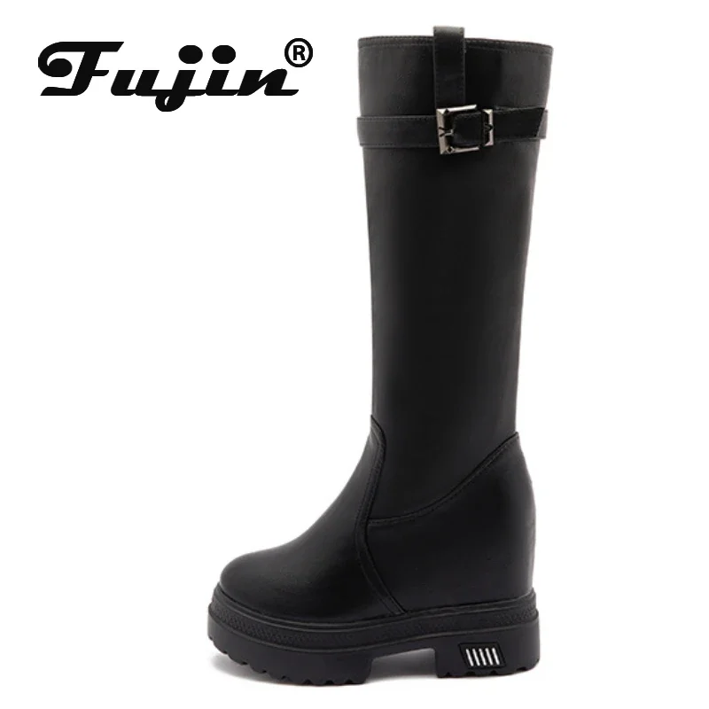 Fujin 10cm Microfiber Leather Women Boots Platform Wedge Fashion Autumn Spring Block Knee High Boots Hidden Heel Booties Shoes