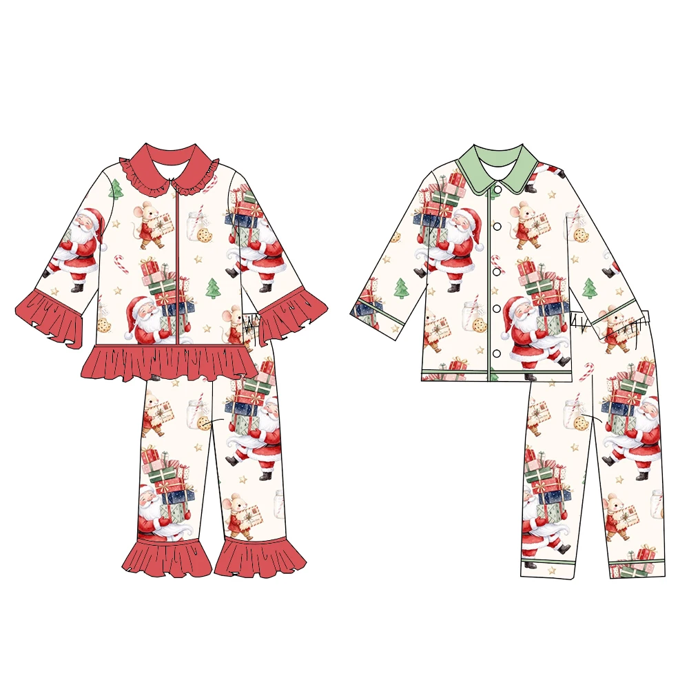 Boutique Boy Girl Christmas Set Christmas Series Print Long Sleeve Button Down Top Trousers 2Pcs Kids Ruffle