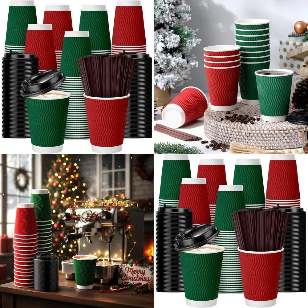 

Set of 150 12 oz Insulated Multicolor Ripple Paper Cups with Lids and Straws for Christmas Beverages