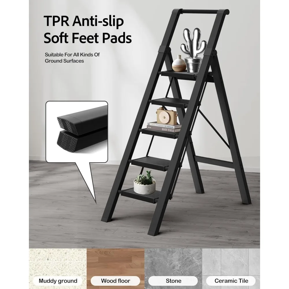 مقعد ألومنيوم قابل للطي بسعة تحميل 330 رطل، سلم خفيف الوزن بخمسة خطوات للاستخدام المنزلي والمكتبي