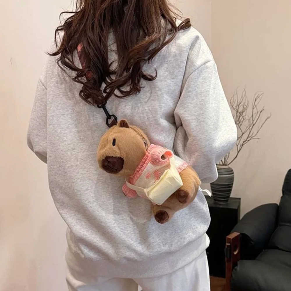 Bolsa de almacenamiento, bonita bandolera de capibara, portátil, de dibujos animados, oso blanco, bolso de hombro, suéter, vestido de felpa marrón, bolsa para muñecas para niñas