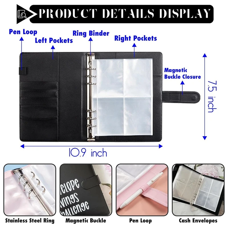 Envelopes Challenge Binder, Livro de Poupança, Kit com Envelopes em Dinheiro, Livro de Desafios para Salvar 5.050 Preto, 100 Envelopes, 1 Conjunto