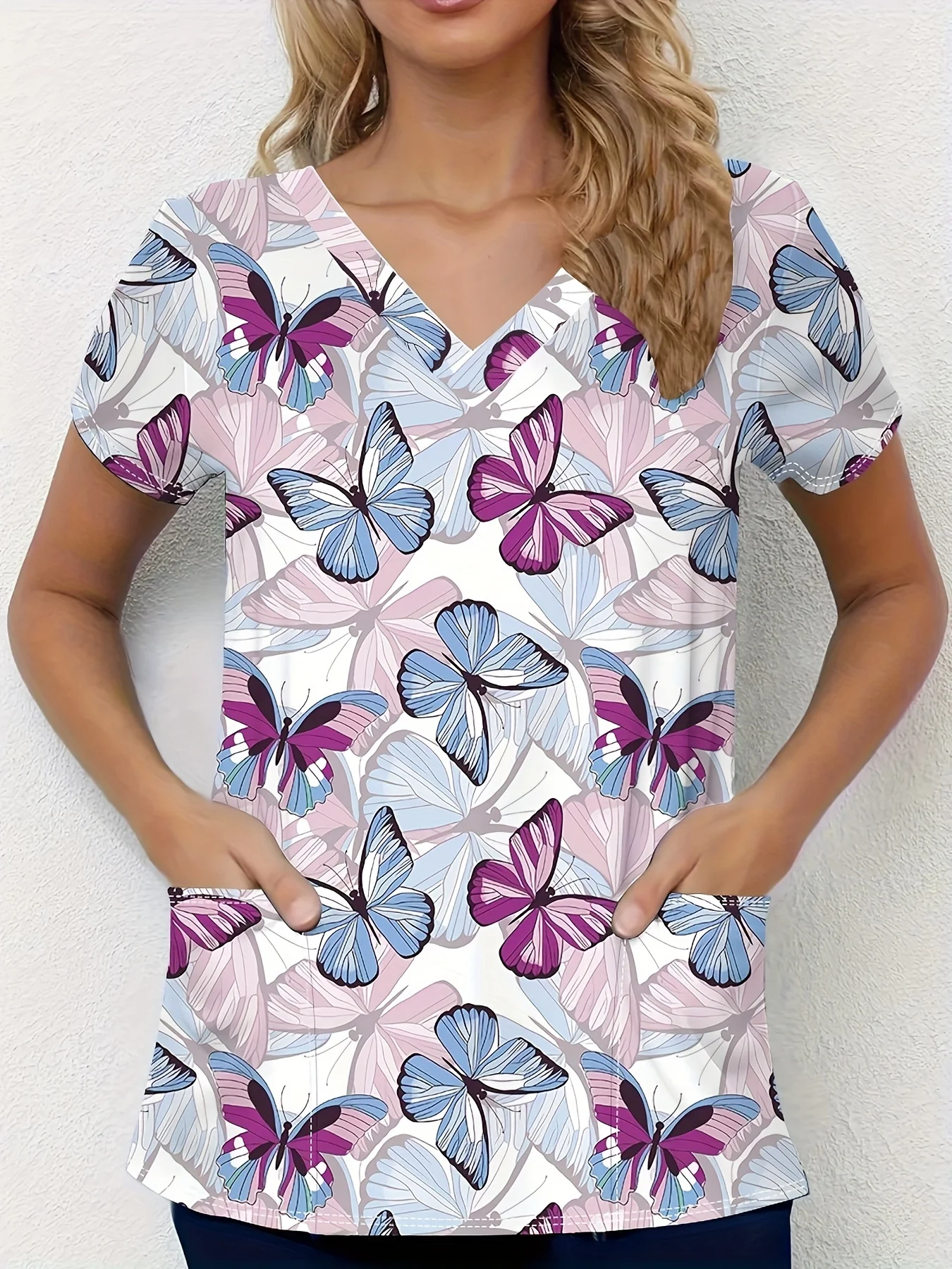 Fashion butterfly Nurse Uniform Short-Sleeve Shirt Commuting Work V-Neck Top Short Sleeves Women Clothing Pocket Women's T-Shirt