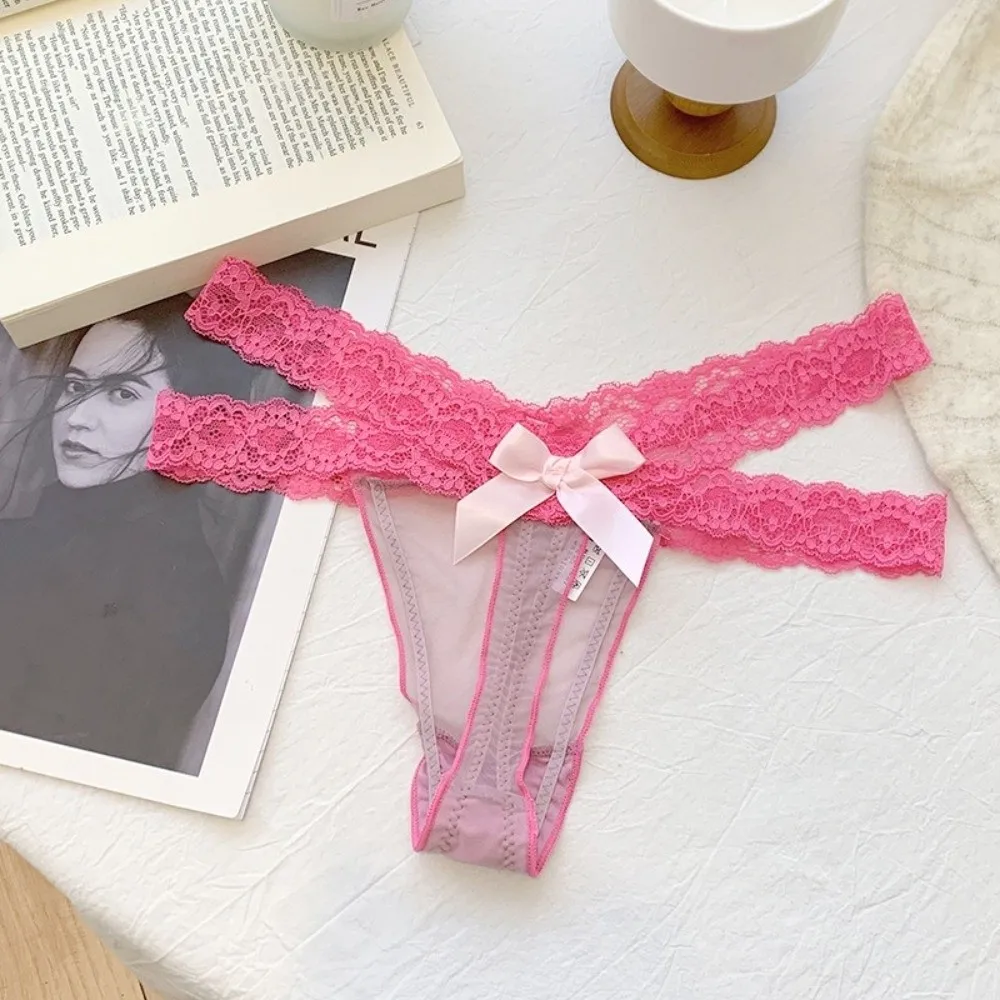 Comfortable Low Waist Lace Thongs Cross Belt Lingerie Mesh Bow Thong Transparent Hollow Out See-through Panties Girl - view 2