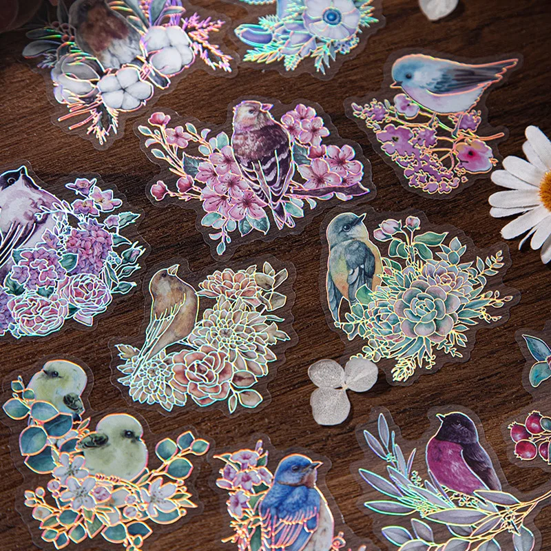 20Sheets Stickers Bird And Flower Series Flower Bird Collage Laser Silver Stickers Retro Flower Window Hand Account Decoration