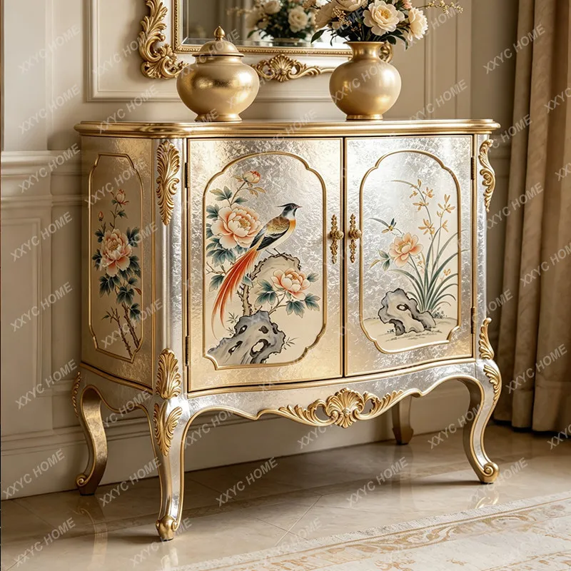 Classical painted porch cabinet carved flowers and birds hand-painted double door foil locker